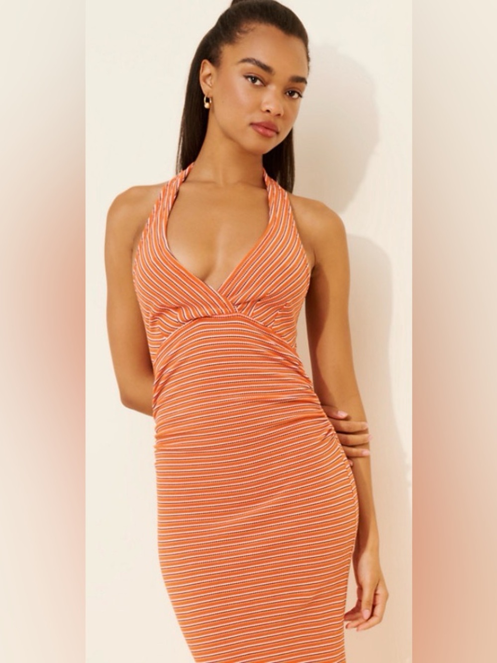 Pilcro/ Anthropologie Orange/Brown Stripe Halter Midi Dress/Slim with Stretch: S - Picture 6 of 10